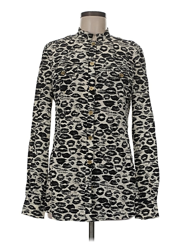 Pre-owned Tory Burch Long Sleeve Silk Top Black Animal Print Pattern High Neck Tops