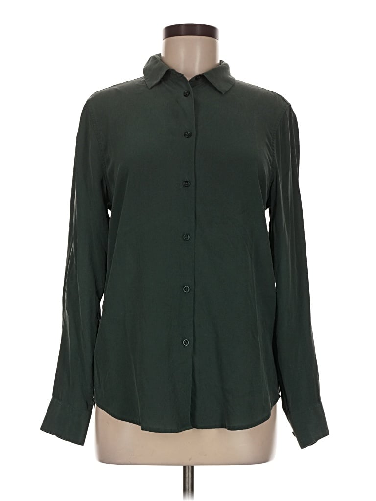 Pre-owned Assorted Brands Long Sleeve Silk Top Green Solid Pattern Mock Neckline Tops