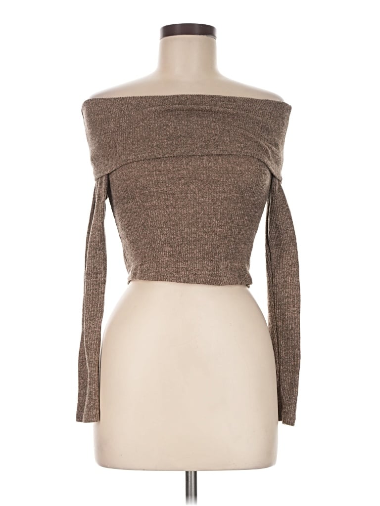 Pre-owned Fashion Nova Long Sleeve Top Brown Off The Shoulder Neckline Tops