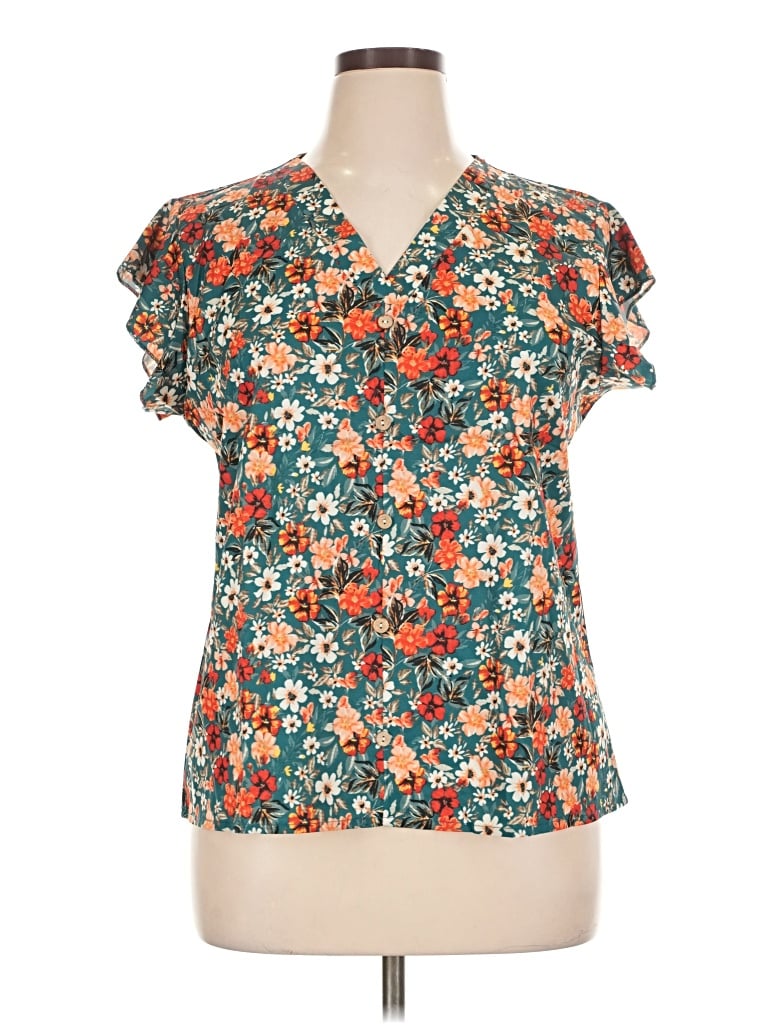 Pre-owned Unbranded Short Sleeve Blouse In Teal