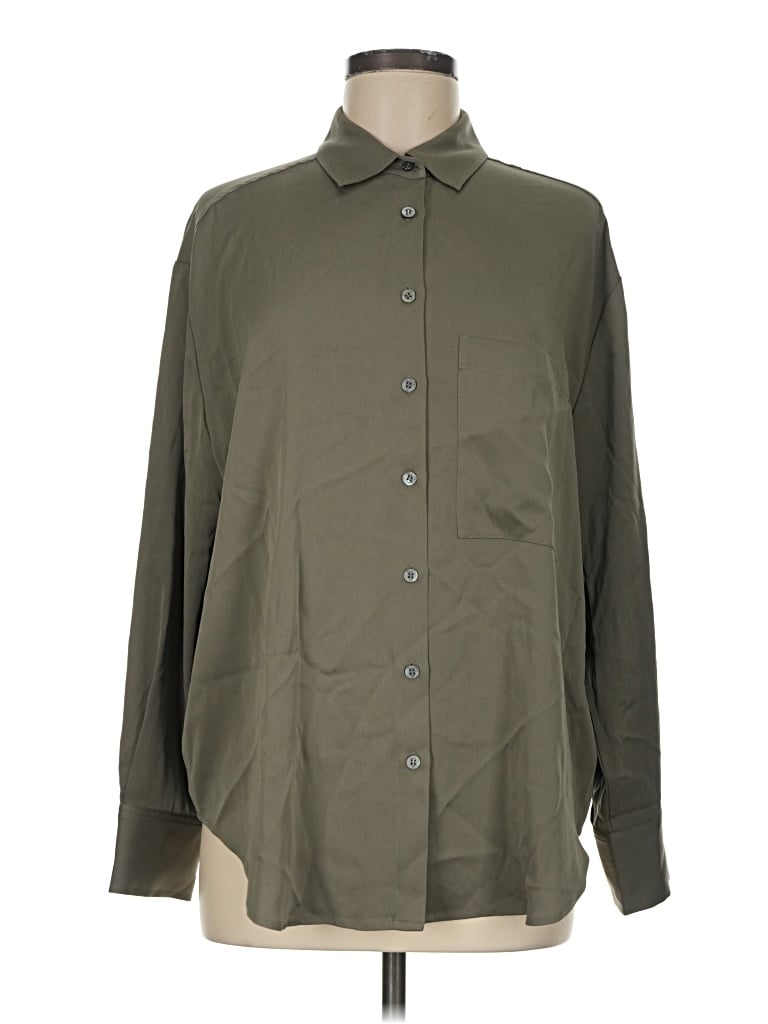 Pre-owned Ayr Long Sleeve Silk Top Green Solid Pattern Collared Neckline Tops