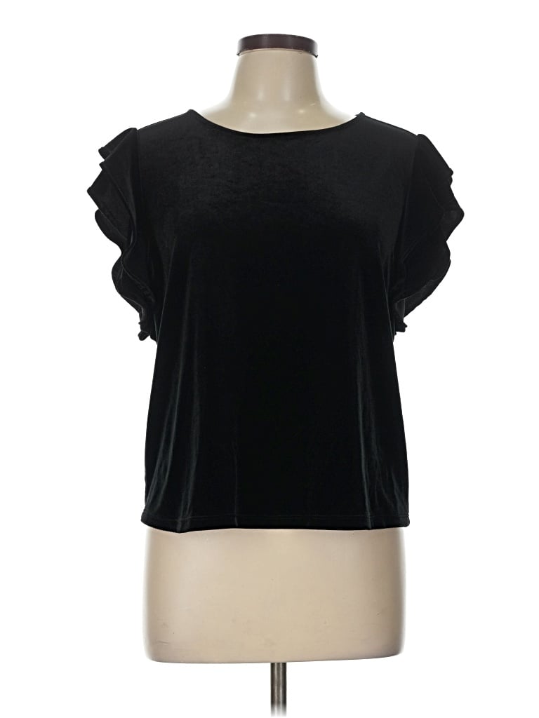 Pre-owned Kaari Blue Short Sleeve Top Black Ruffles Neckline Tops