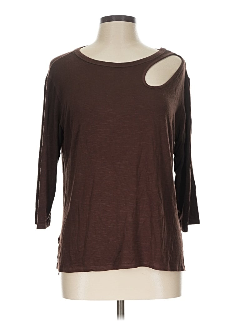 Pre-owned Kim & Cami 3/4 Sleeve Top Brown One Shoulder Neckline Tops