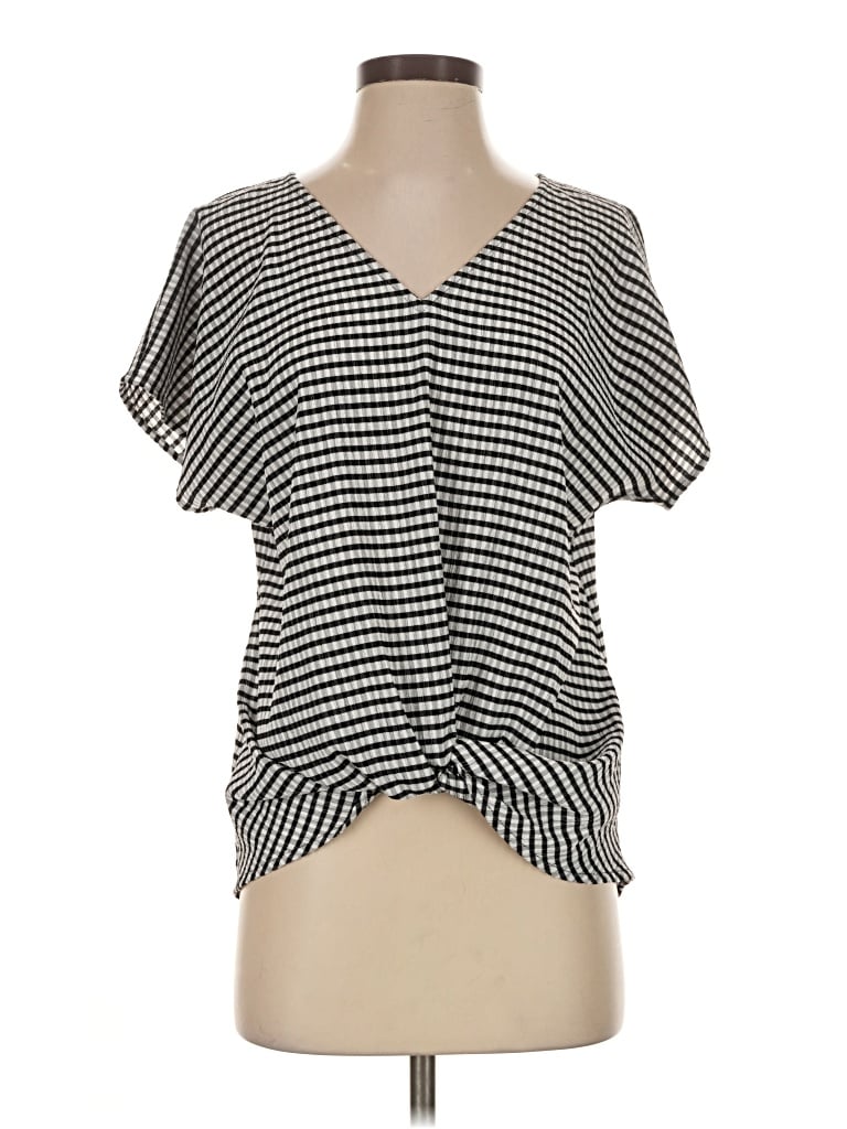Pre-owned Beacon Short Sleeve Top Black Stripes Pattern Scoop Neck Tops