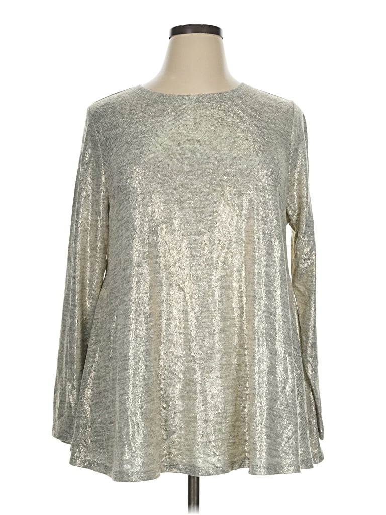 Lane Bryant Long Sleeve Top Silver Metallic Pattern Boatneck Tops