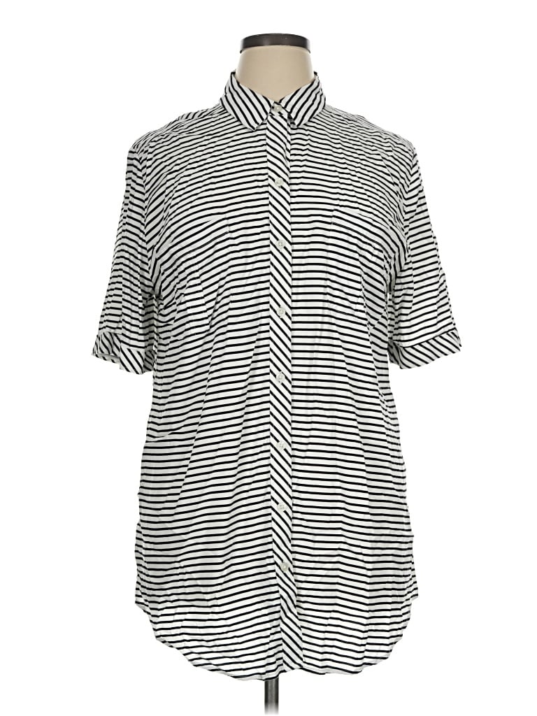 Pre-owned Chico's Short Sleeve Top Silver Stripes Pattern Mock Neckline Tops