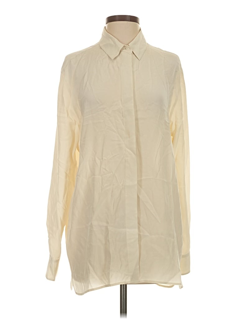 Pre-owned Babaton Long Sleeve Silk Top Ivory Solid Pattern Mock Neckline Tops