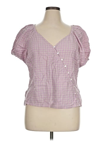 Madewell Linen-Blend Puff-Sleeve Button-Wrap Top in Plaid (view 1)