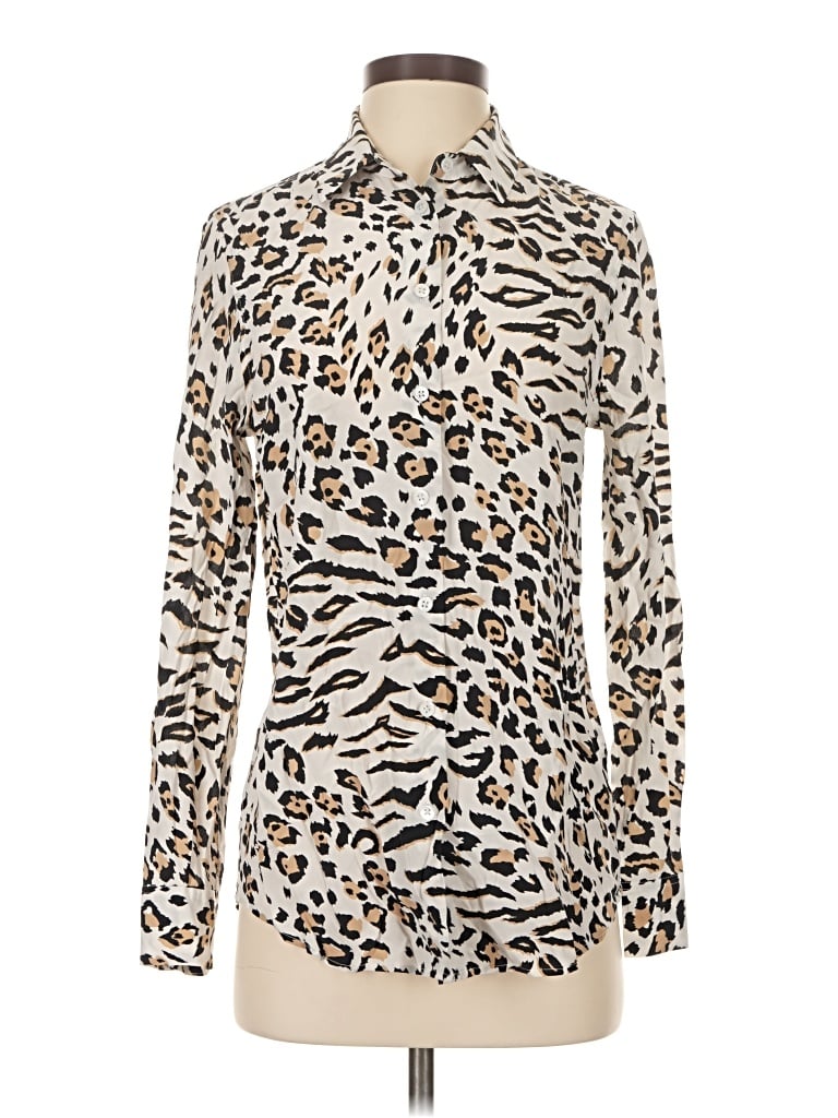 Pre-owned Equipment Long Sleeve Silk Top Ivory Animal Print Pattern High Neck Tops