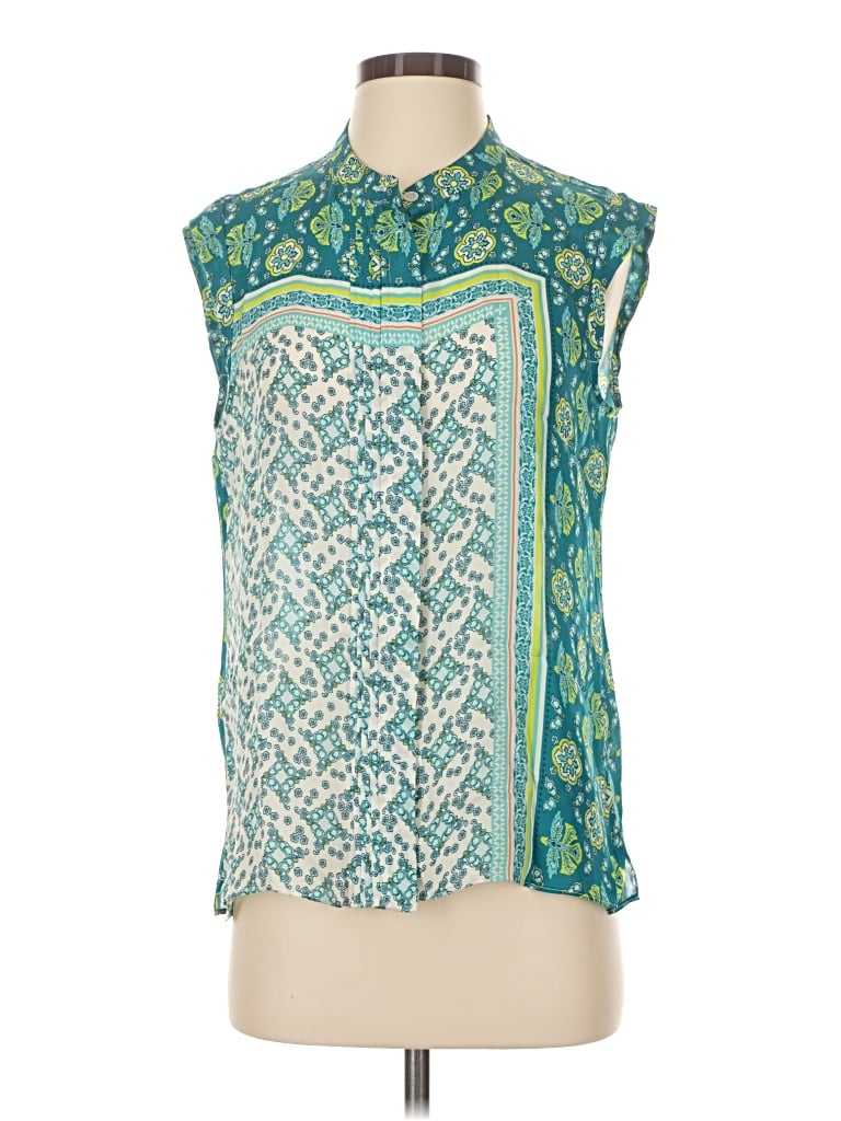 Pre-owned Per Se By Carlisle Sleeveless Silk Top Green High Neck Tops