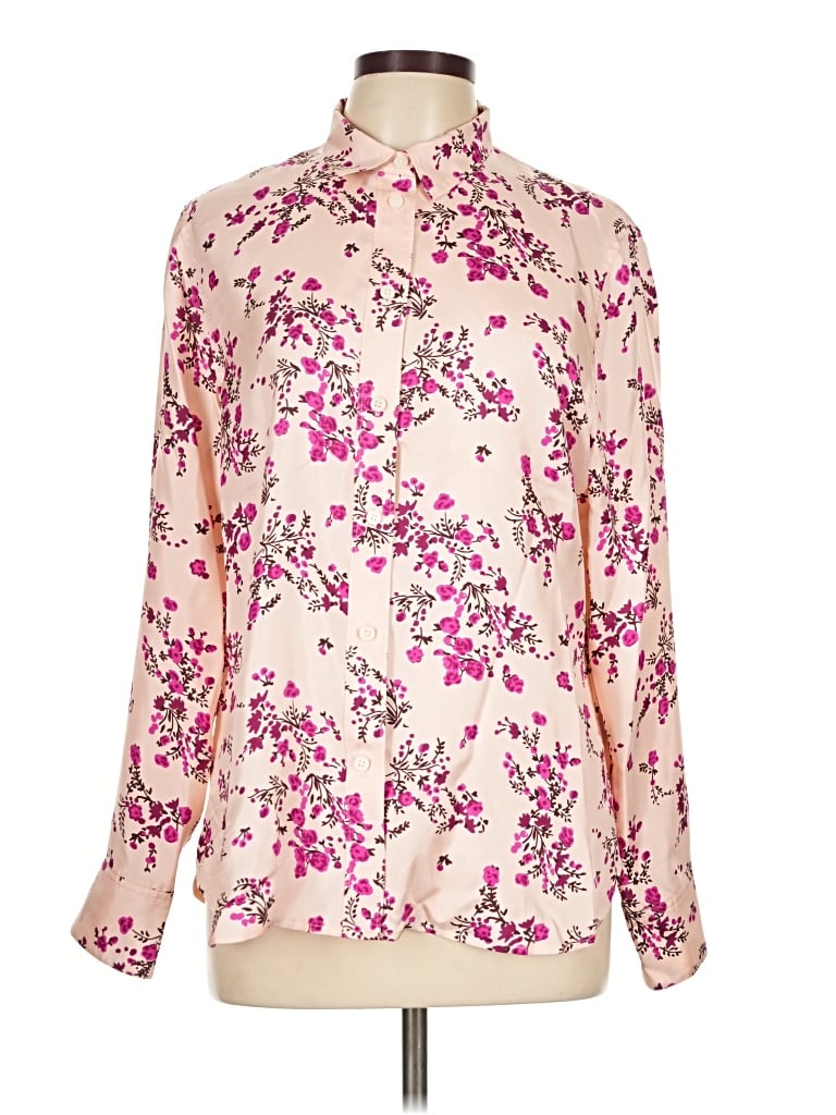 Pre-owned J.crew Collection Long Sleeve Silk Top Pink Floral Pattern Mock Neckline Tops