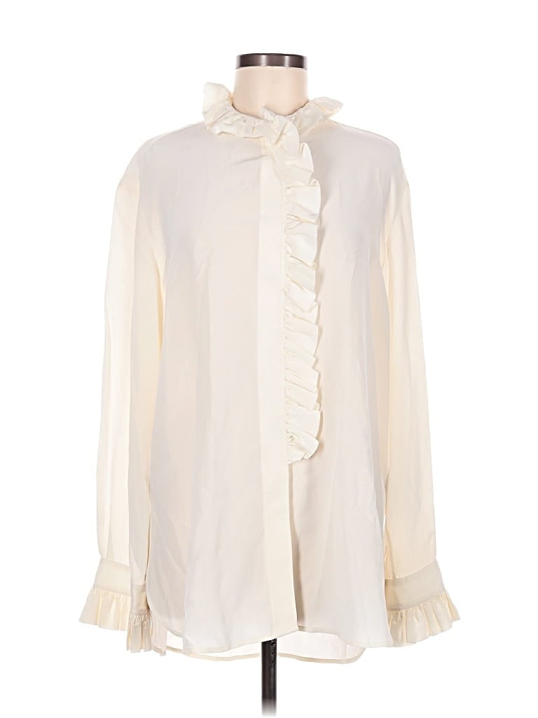 Pre-owned Samsoe & Samsoe Long Sleeve Silk Top Ivory Ruffles Neckline Tops