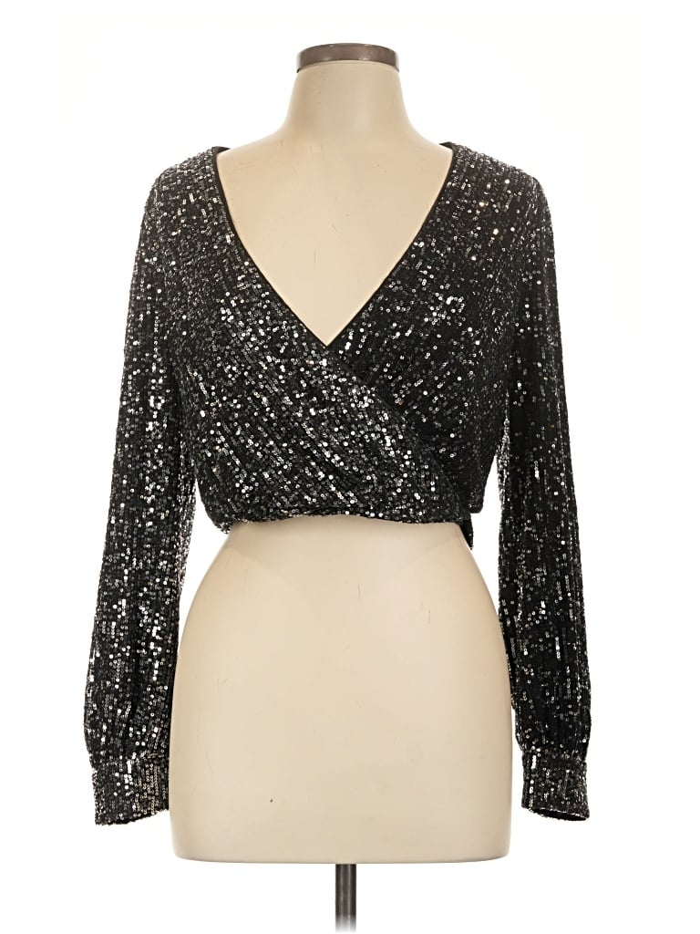 Pre-owned Greylin Long Sleeve Top Silver Plunge Neckline Tops