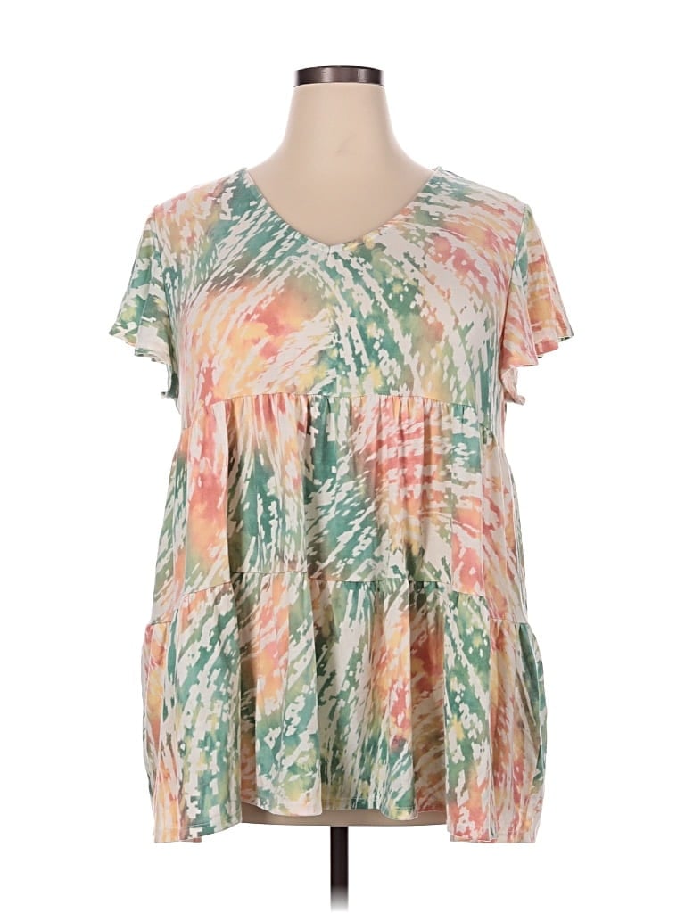 Pre-owned Geegee Short Sleeve Top Green Tie-dye Pattern Scoop Neck Tops