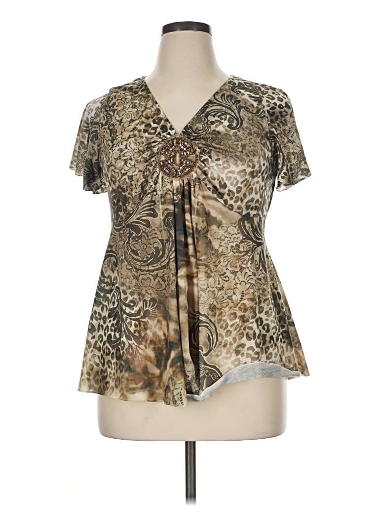 Pre-owned Roz & Ali Short Sleeve Blouse In Tan
