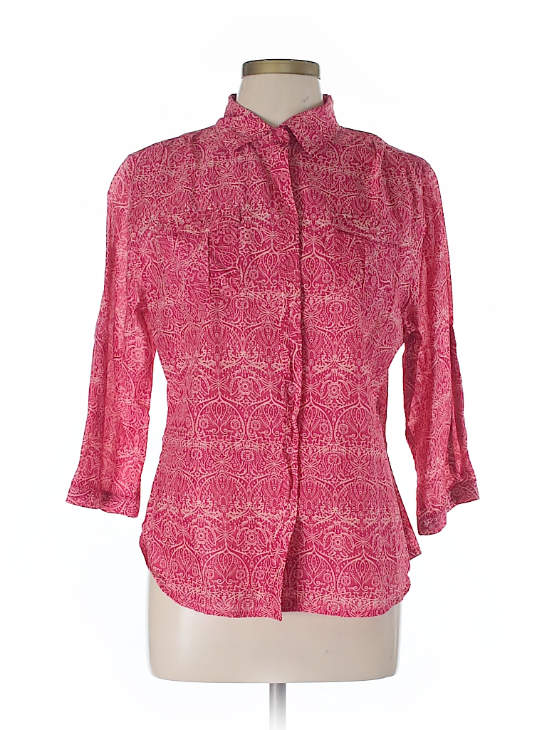 Bit & Bridle 100% Cotton Print Pink 3/4 Sleeve Button-Down Shirt Size L ...