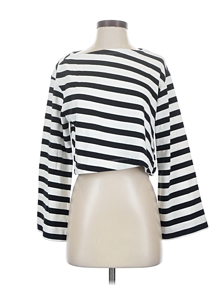 Pre-owned Maeve Long Sleeve Top Black Stripes Pattern Boatneck Tops