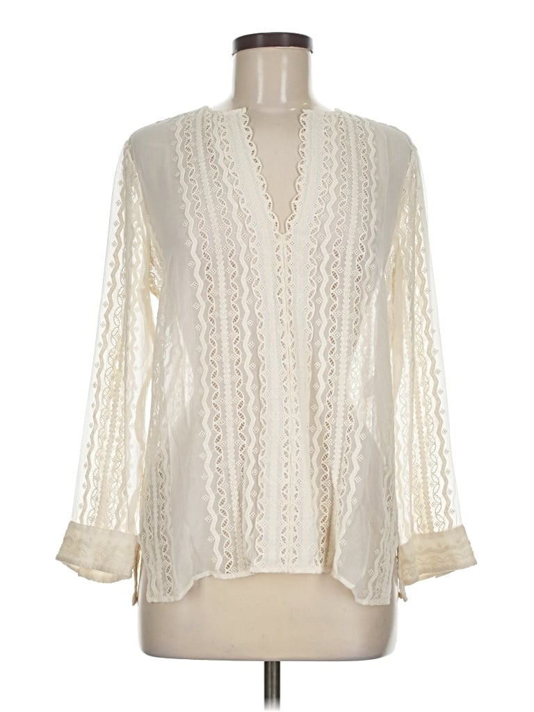 Pre-owned Elizabeth And James Long Sleeve Silk Top Ivory Plunge Neckline Tops