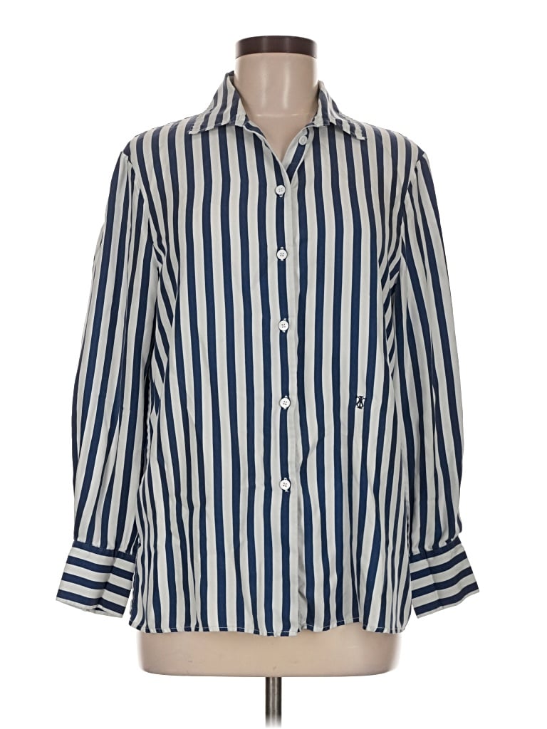 Pre-owned Lilysilk Long Sleeve Silk Top Blue Stripes Pattern Collared Neckline Tops