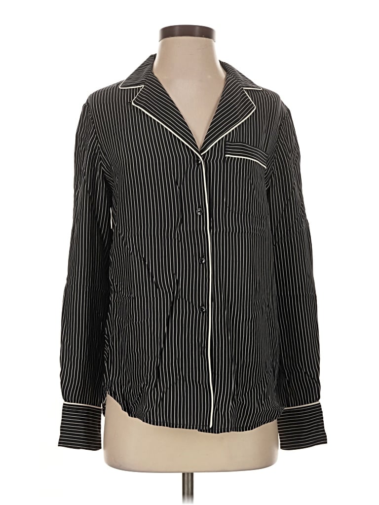 Pre-owned Rag & Bone Long Sleeve Silk Top Black Stripes Pattern Collared Neckline Tops