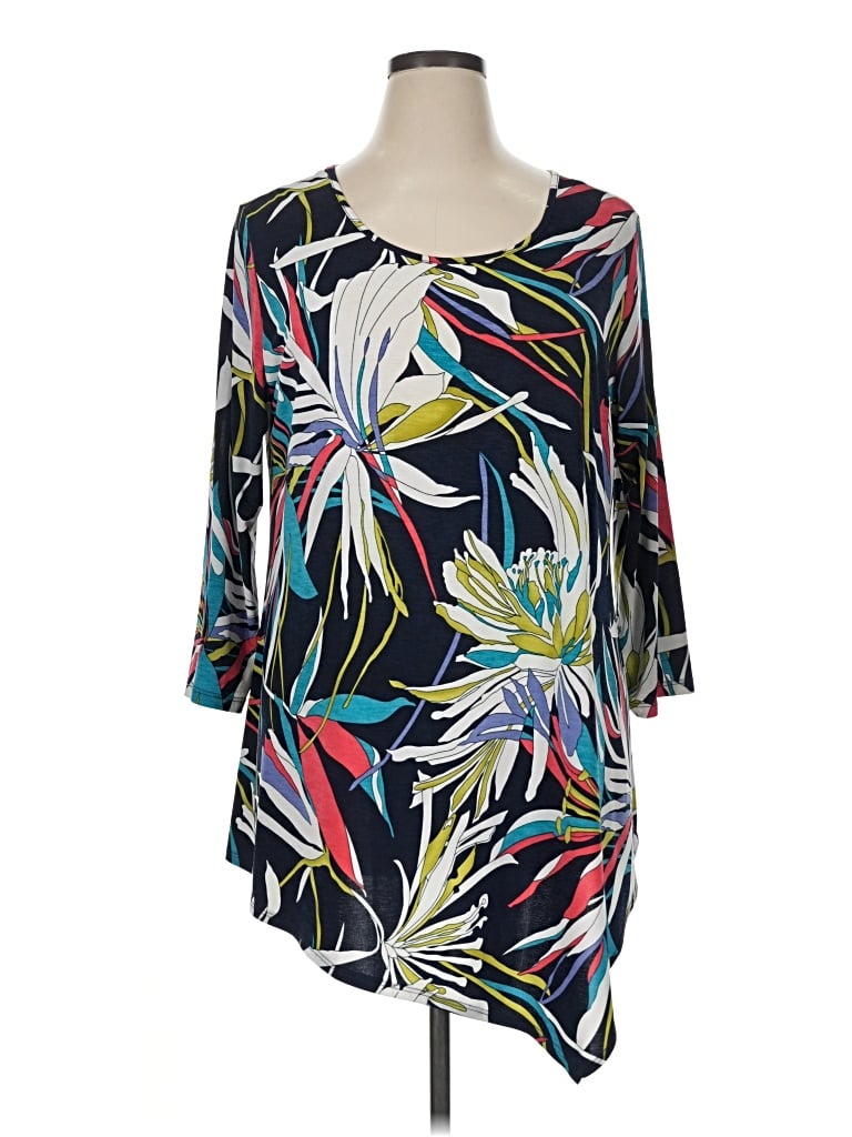 Pre-owned Clara Sun Woo 3/4 Sleeve Top Black Tropical Pattern Crew Neck Tops