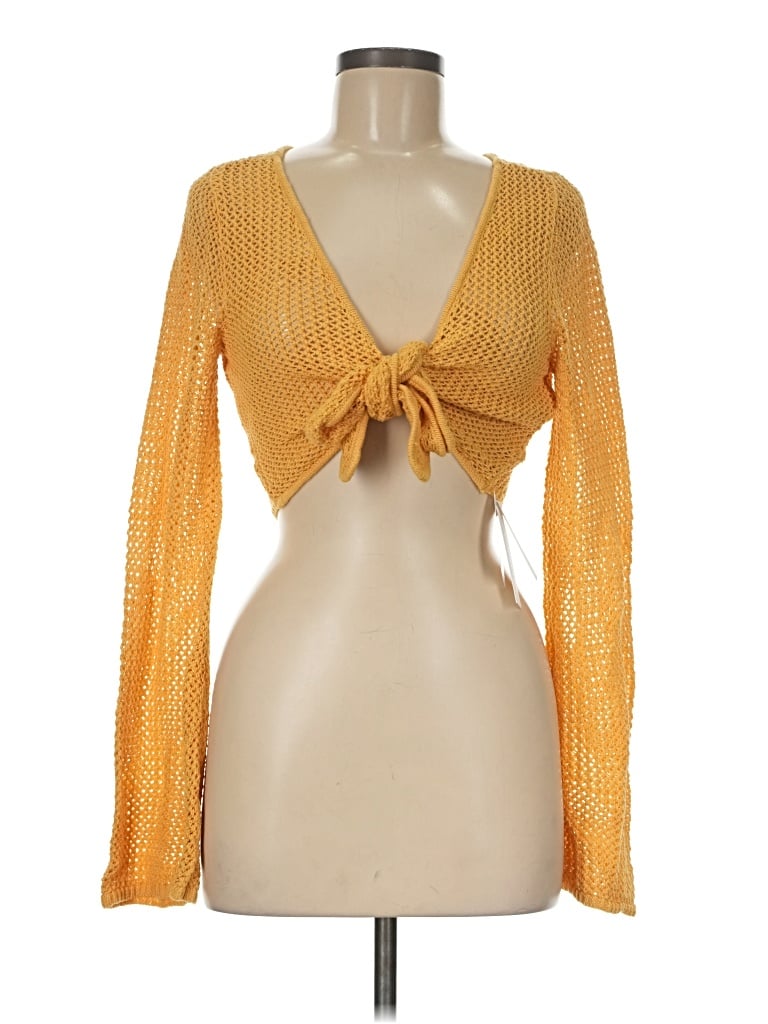 L*space Long Sleeve Top Yellow Solid Pattern Plunge Neckline Tops