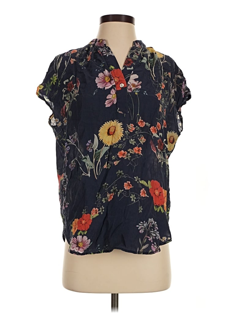 Pre-owned Amour Vert Short Sleeve Silk Top Blue Floral Pattern Cowl Neck Tops