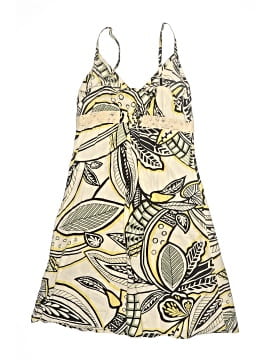 bryn walker linen dresses REBECCA V NECK DRESS EOSS24R Light linen woven fabrication Color:Black Champagne Flower GUESS USA logo-plaque Mini