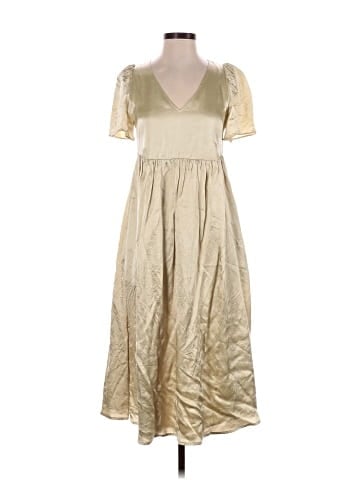 Madewell Puff-Sleeve V-Neck Midi Dress in Shiny Gold (view 1)