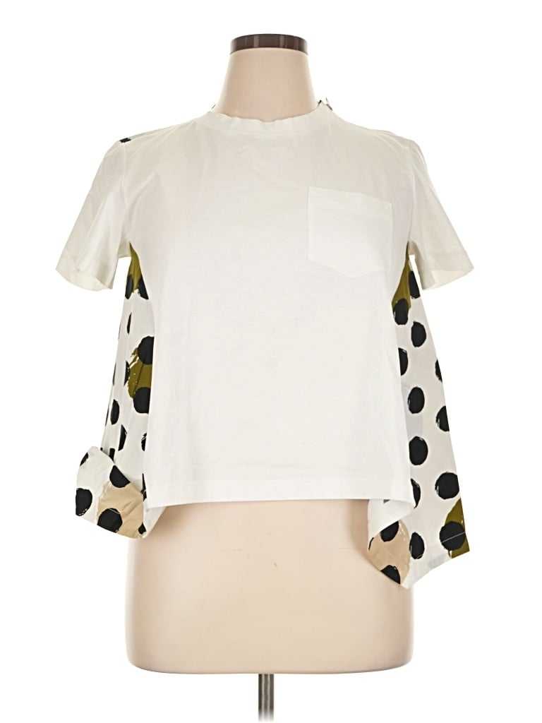Pre-owned Meimeij Short Sleeve Top Ivory Polka Dots Pattern Mock Neckline Tops