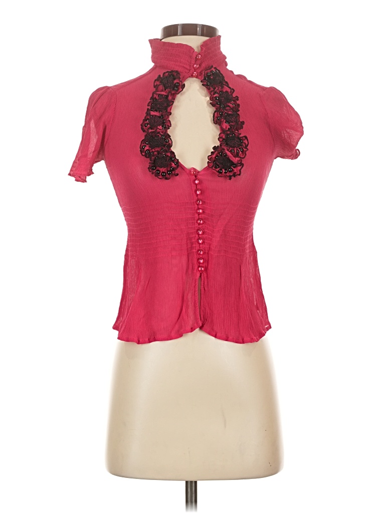 Pre-owned Bebe Short Sleeve Silk Top Pink Keyhole Neckline Tops