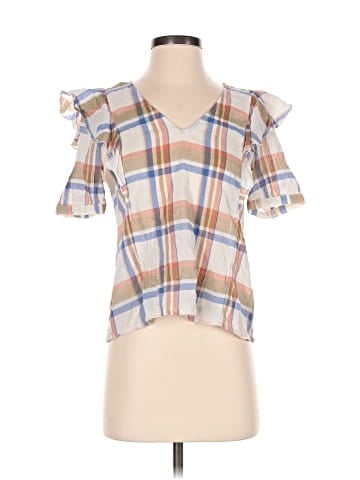 Madewell V-Neck Shoulder-Ruffle Top in Plaid (view 1)