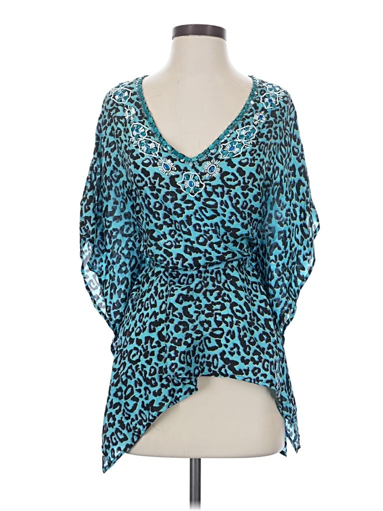 Pre-owned Xxi 3/4 Sleeve Silk Top Teal Plunge Neckline Tops