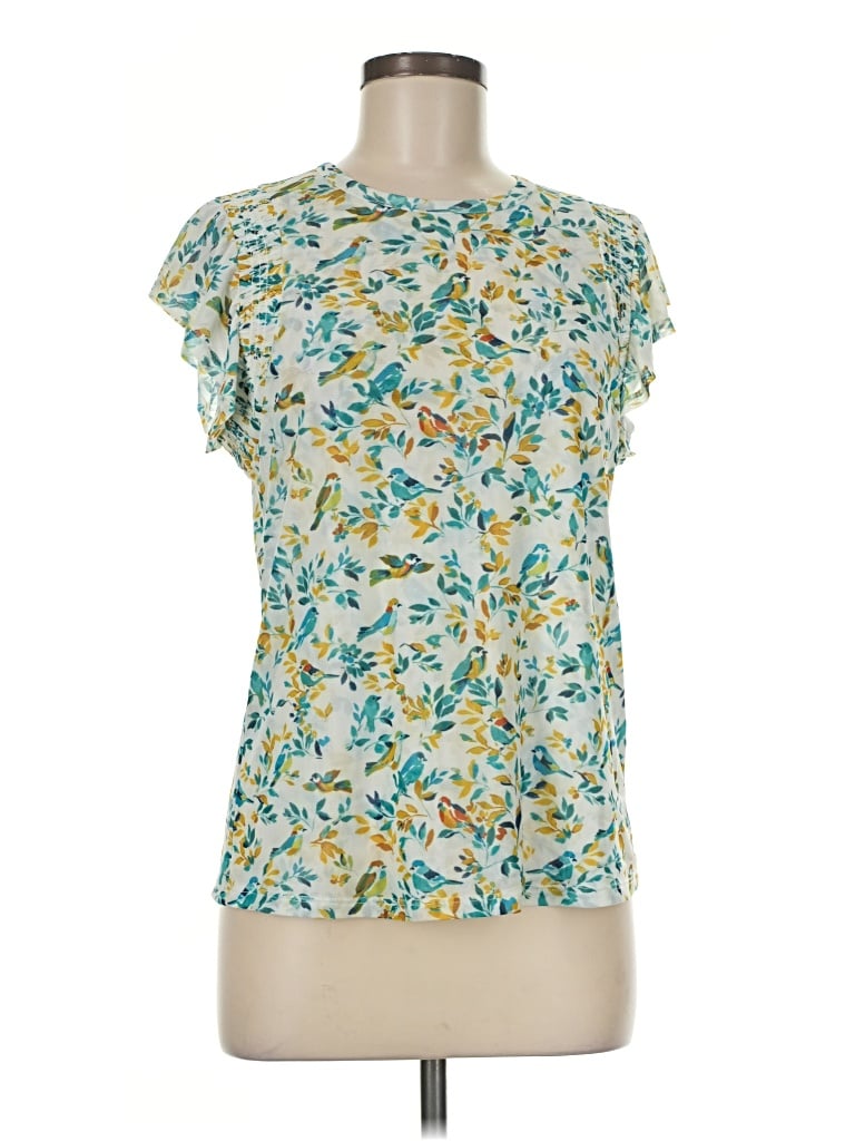 Pre-owned Daniel Rainn Short Sleeve Top Teal Ruffles Neckline Tops