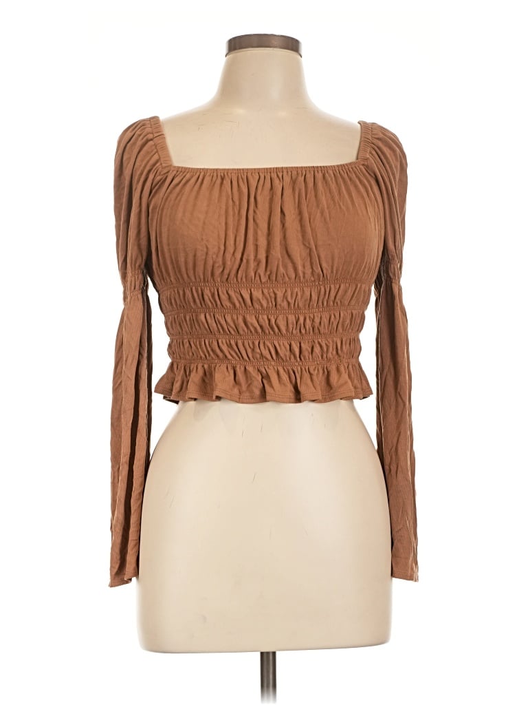 Pre-owned Kirious Long Sleeve Top Brown Square Neckline Tops