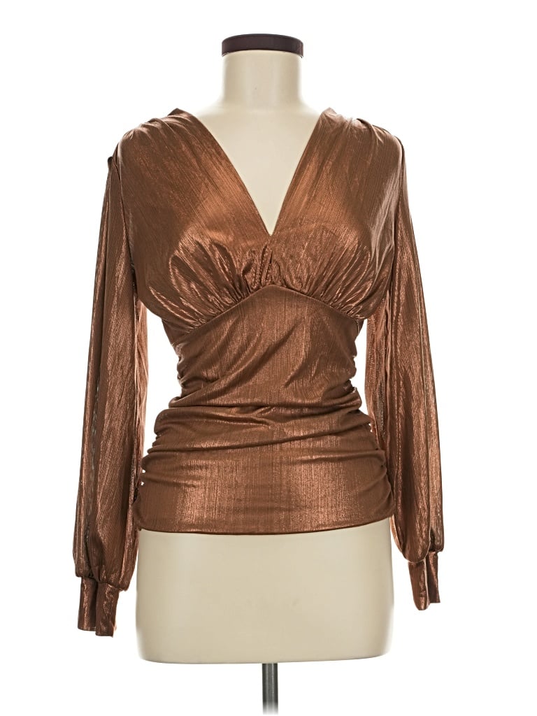 Pre-owned Chicme Long Sleeve Top Brown Plunge Neckline Tops