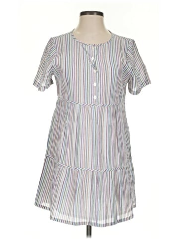 Madewell Striped Crewneck Button-Front Tiered Mini Dress (view 1)