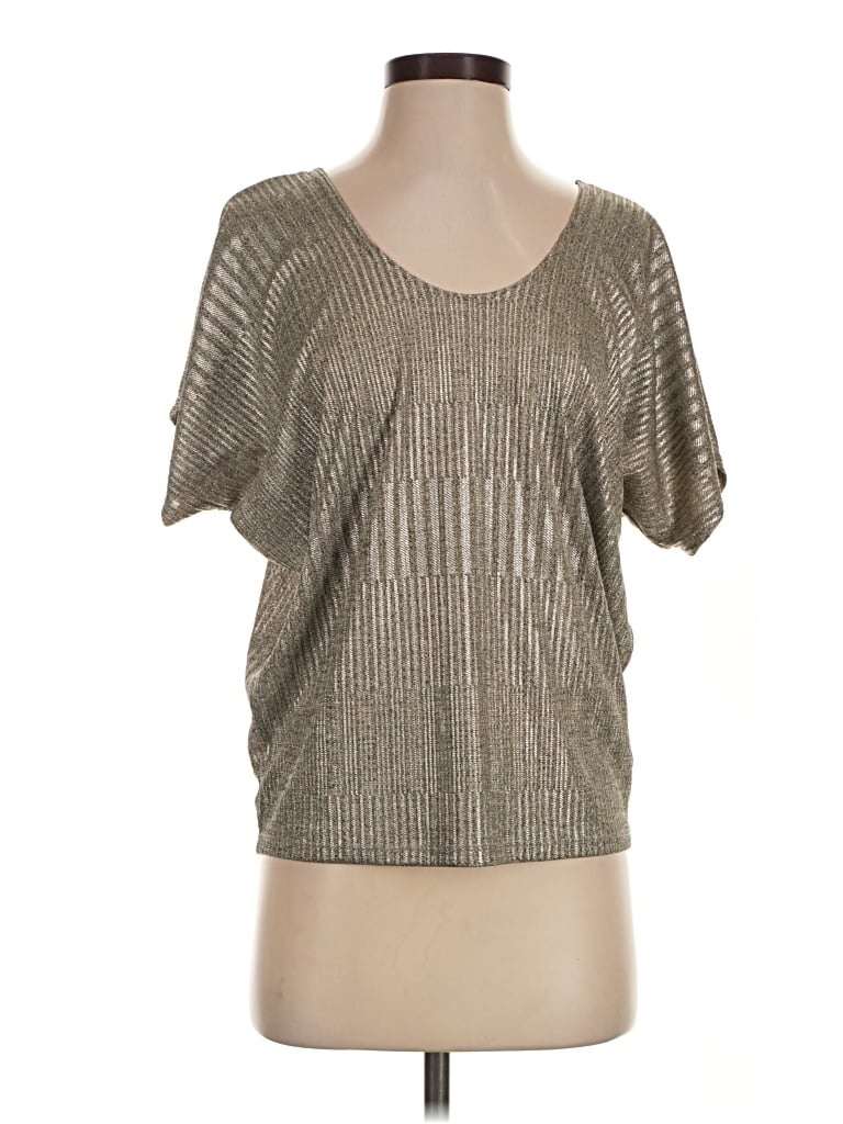 Pre-owned Kim & Cami Short Sleeve Top Silver Metallic Pattern Scoop Neck Tops