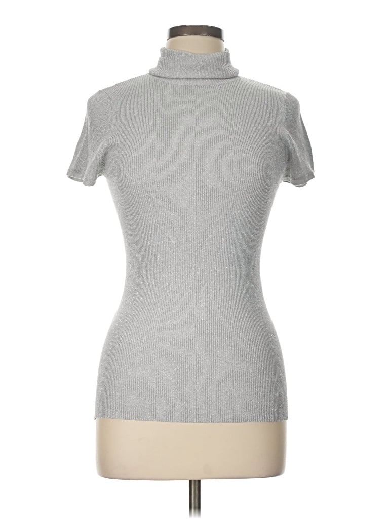 Pre-owned August Silk Short Sleeve Top Gray Turtleneck Tops