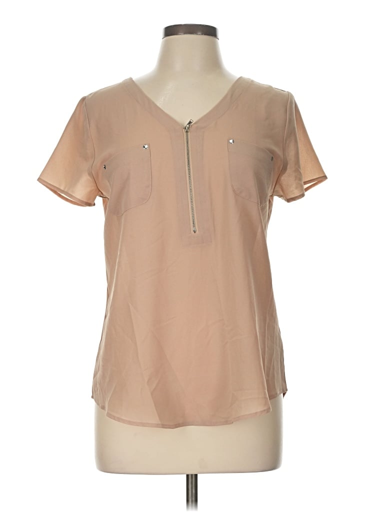 Pre-owned E&m Collection Short Sleeve Henley Shirt In Tan