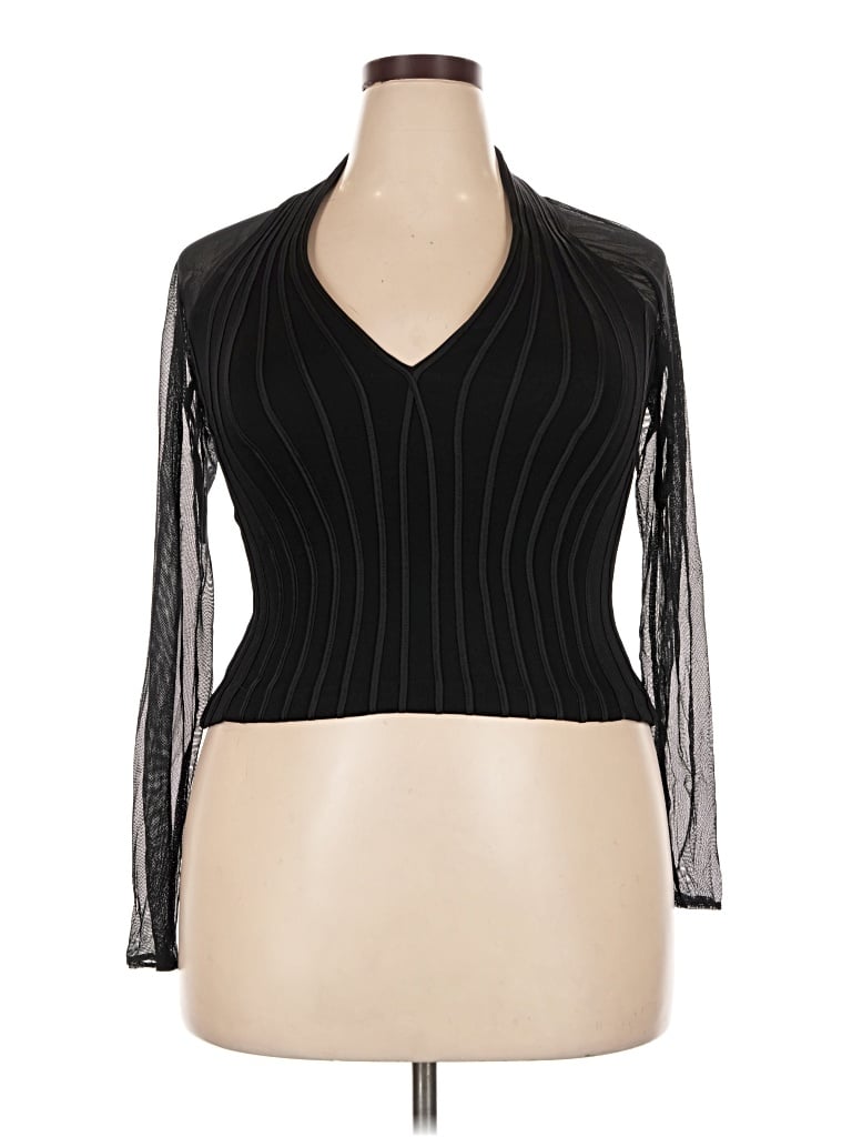 Pre-owned Tadashi Long Sleeve Top Black Plunge Neckline Tops