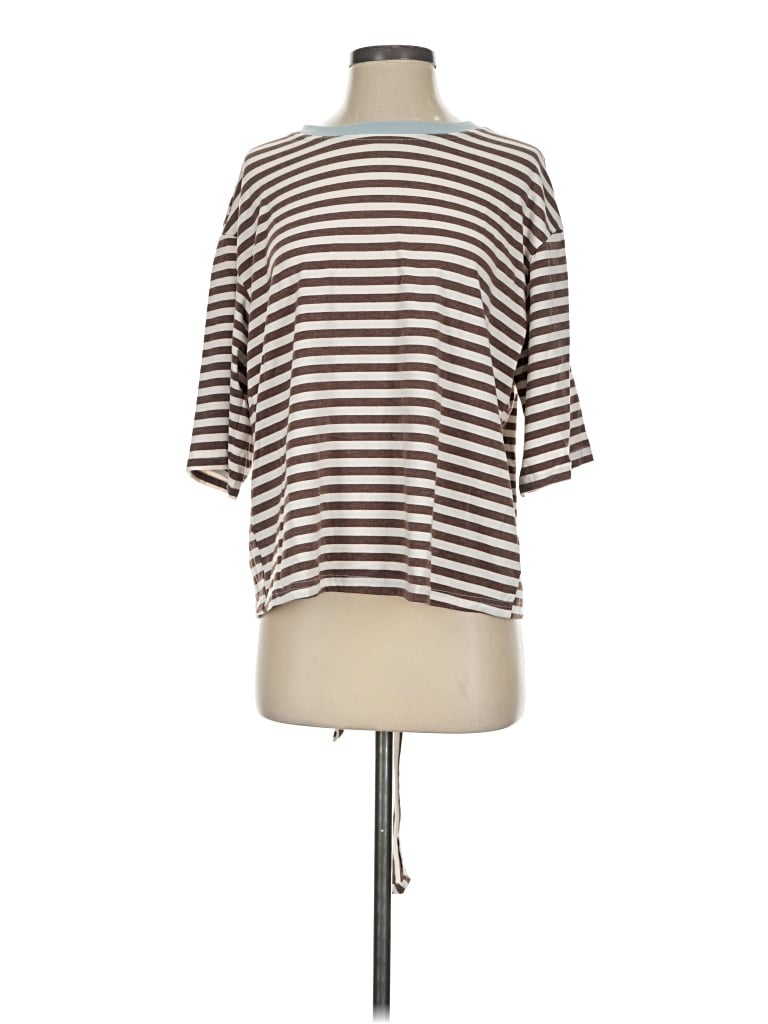 Pre-owned Dokotoo 3/4 Sleeve Top Brown Stripes Pattern Boatneck Tops