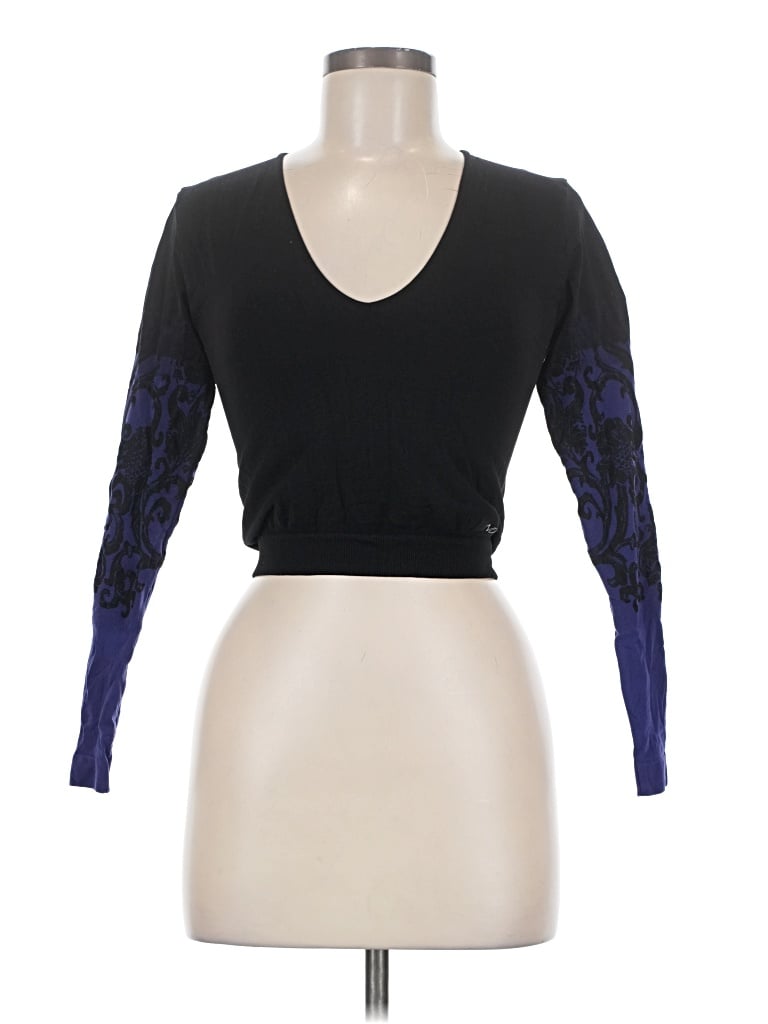 Pre-owned Nux Long Sleeve Top Black Plunge Neckline Tops
