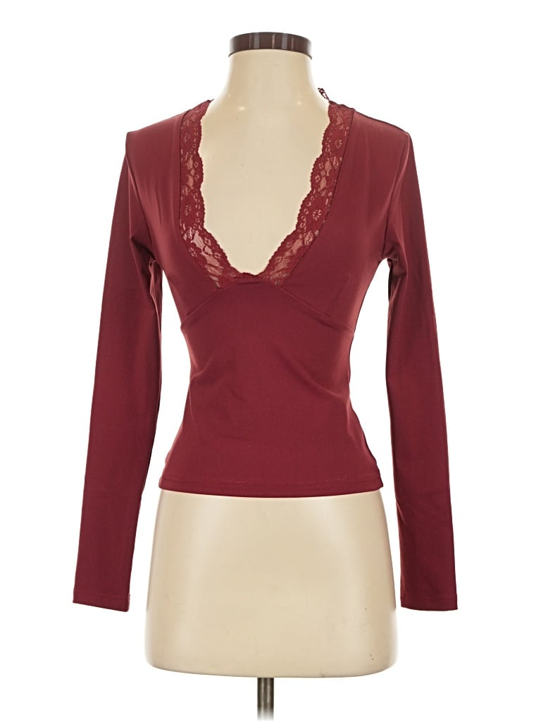 Pre-owned White Fox Long Sleeve Top Burgundy Plunge Neckline Tops