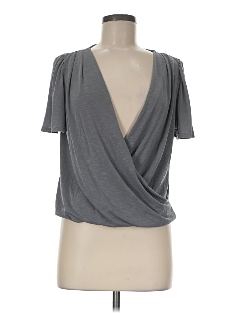 Pre-owned Green Envelope Short Sleeve Top Gray Plunge Neckline Tops