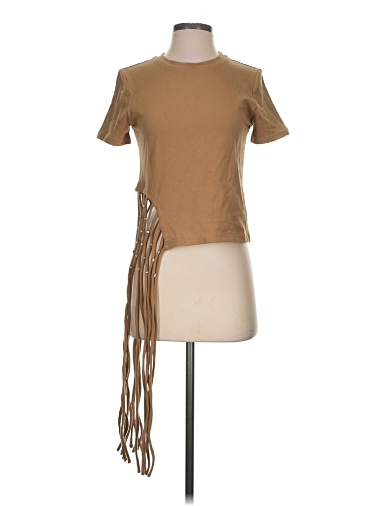 Pre-owned Gracia Short Sleeve Top Tan Mock Neckline Tops