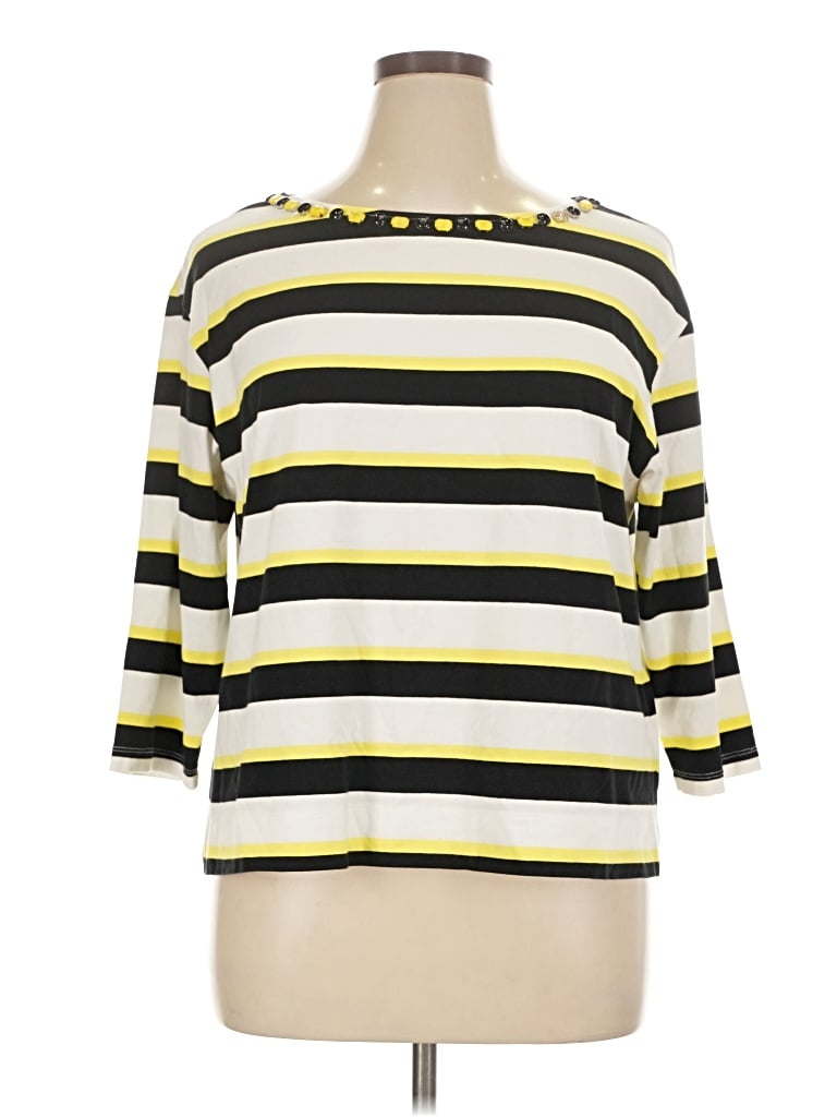 Pre-owned Ruby Rd. 3/4 Sleeve Top Yellow Stripes Pattern Boatneck Tops