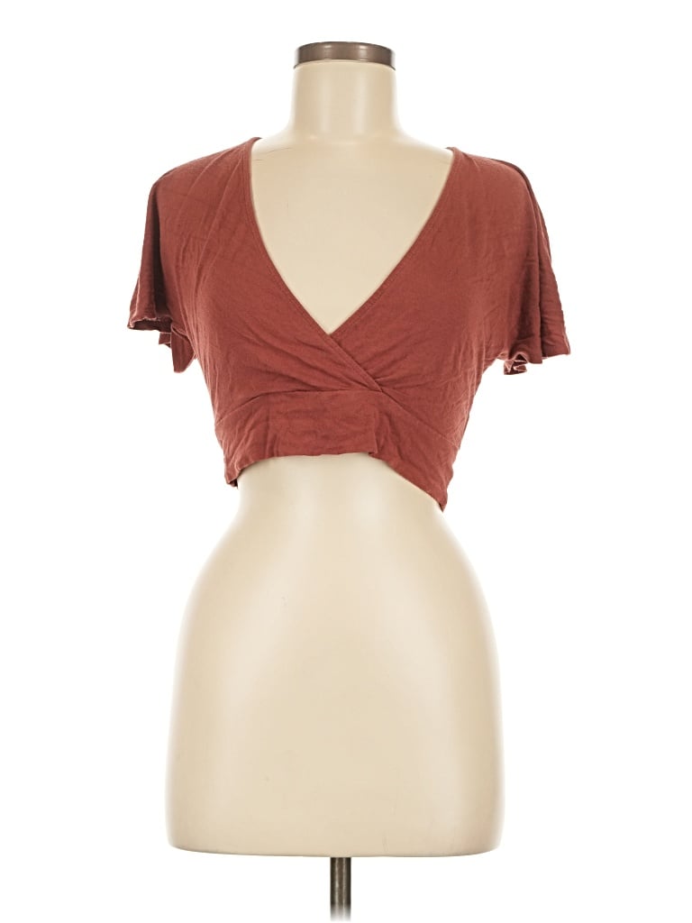 Pre-owned Double Zero Short Sleeve Top Brown Plunge Neckline Tops