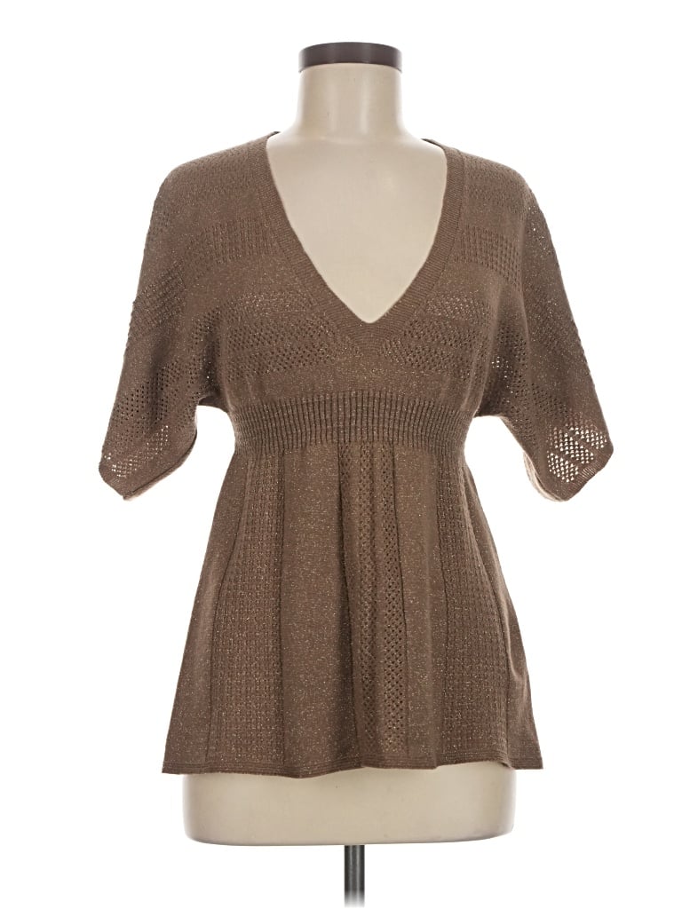 Pre-owned Forever Short Sleeve Top Brown Plunge Neckline Tops