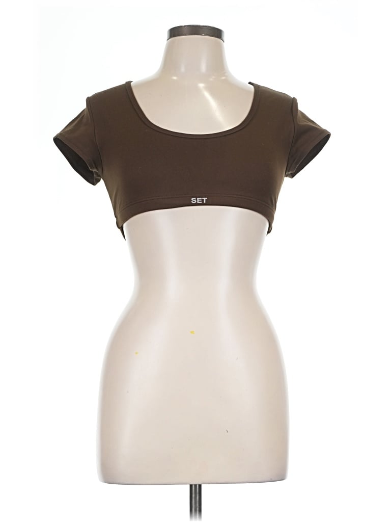 Pre-owned Set Active Short Sleeve Top Brown Sweetheart Neckline Tops
